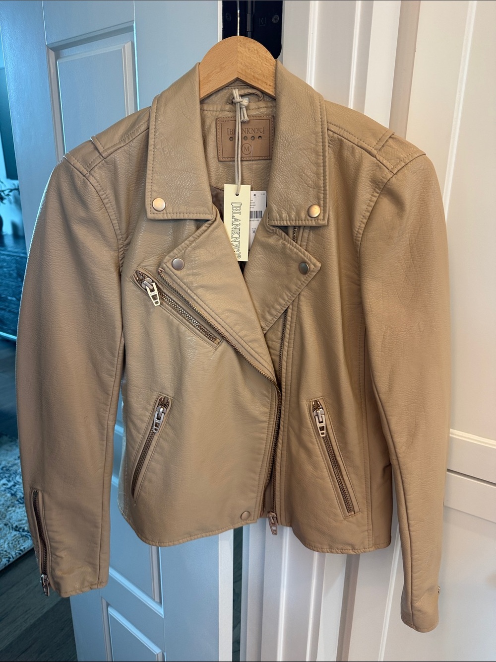 NWT *anthropologie* Blank NYC Beige Leather Moto Jacket with Silver Hardware